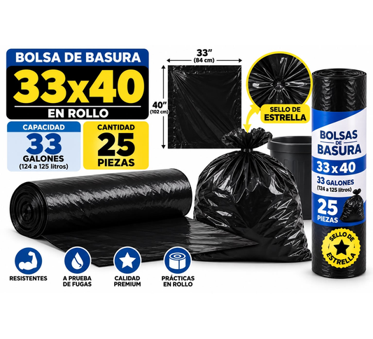 Bolsa 33 x40 por rollo con 25 piezas