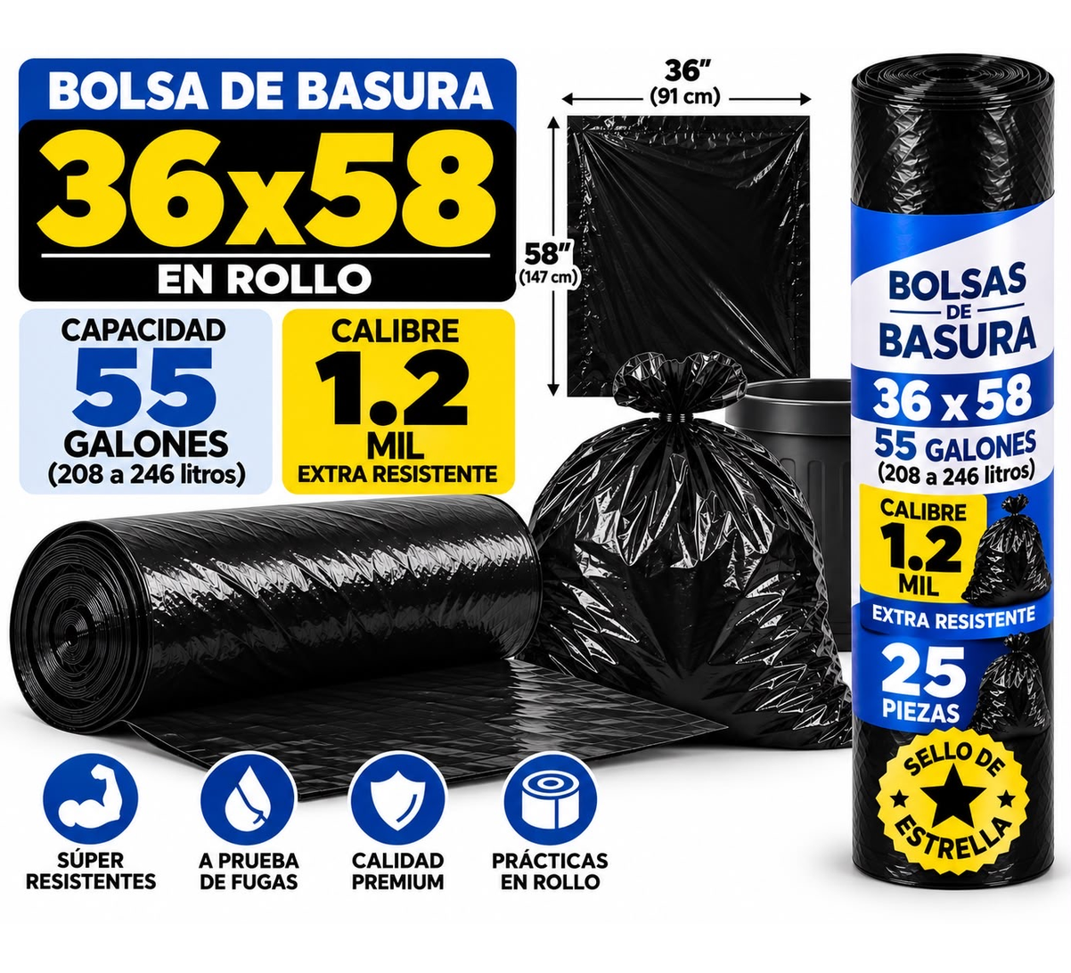 Bolsa 36 x 58  por rollo con 25 piezas